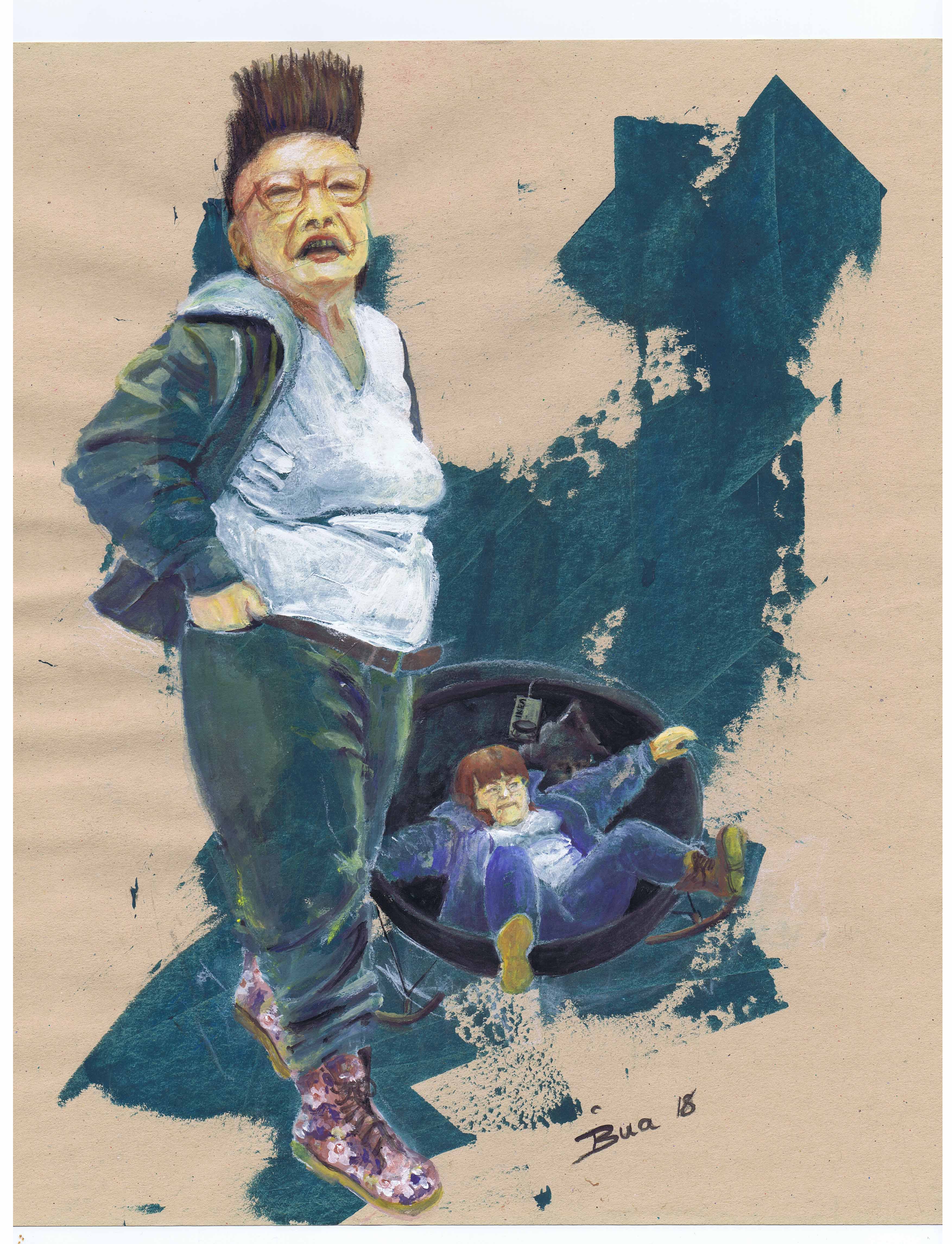 Aeltere Frau mit Punkfrisur in schicker grüner Workerhose mit passender Jacke, dazu rosageblümte Boots 